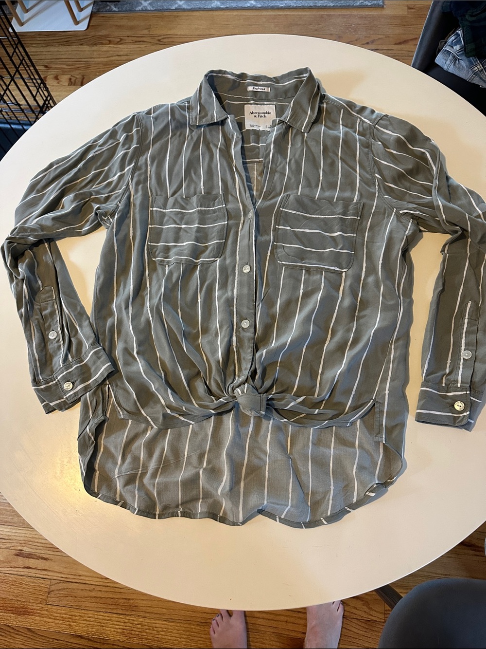 Abercrombie & Fitch Olive Green and White Striped Button-Down Shirt
